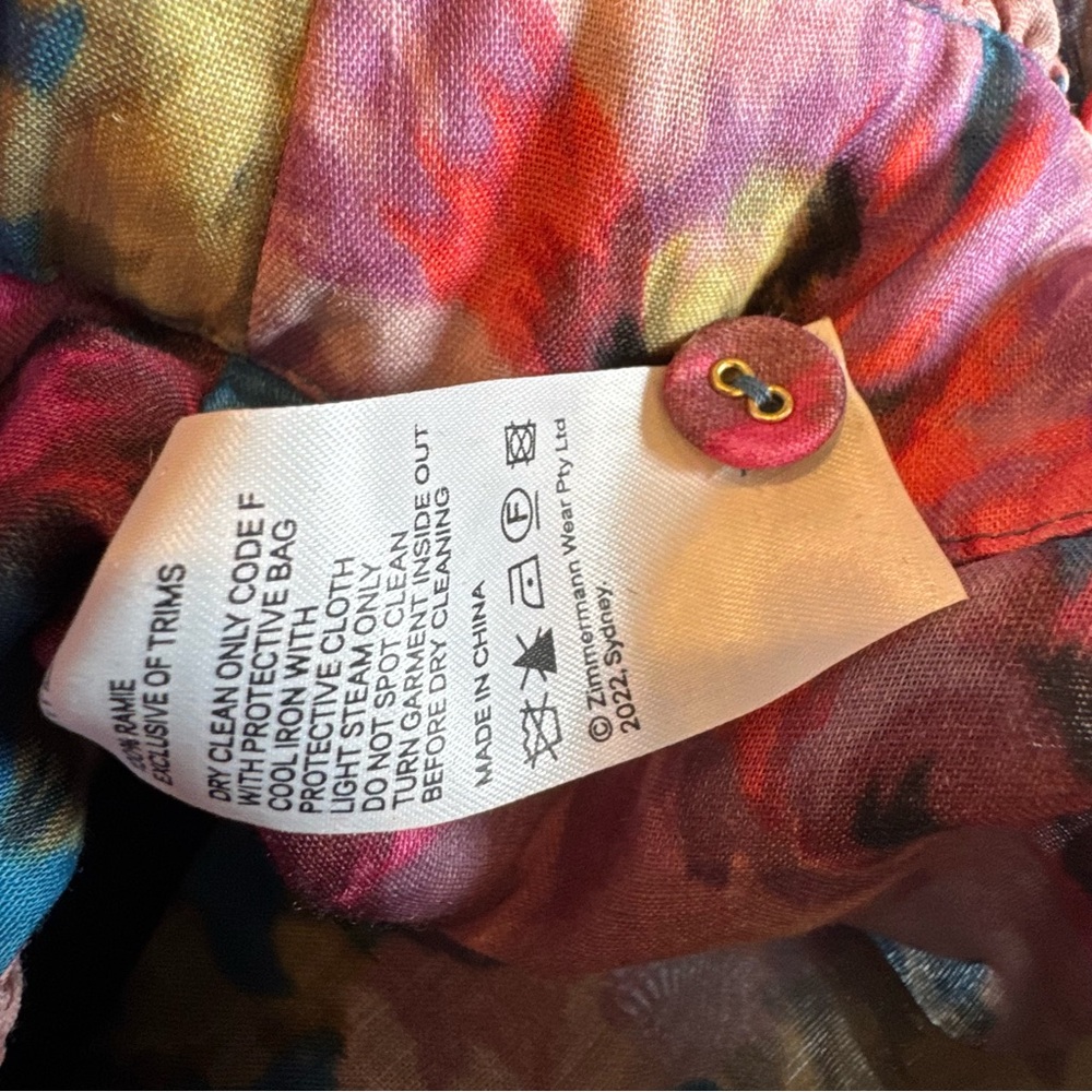 ZIMMERMANN Teal & Pink Floral-Print Cropped Ramie Blouse | Size 0 - Picture 8 of 8